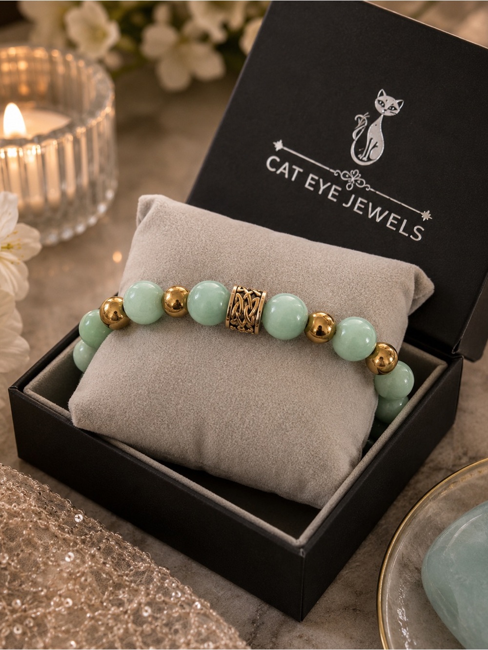 Jade Beaded Stretch Bracelet | Celtic Knot Gold Accent Unisex Gift Box